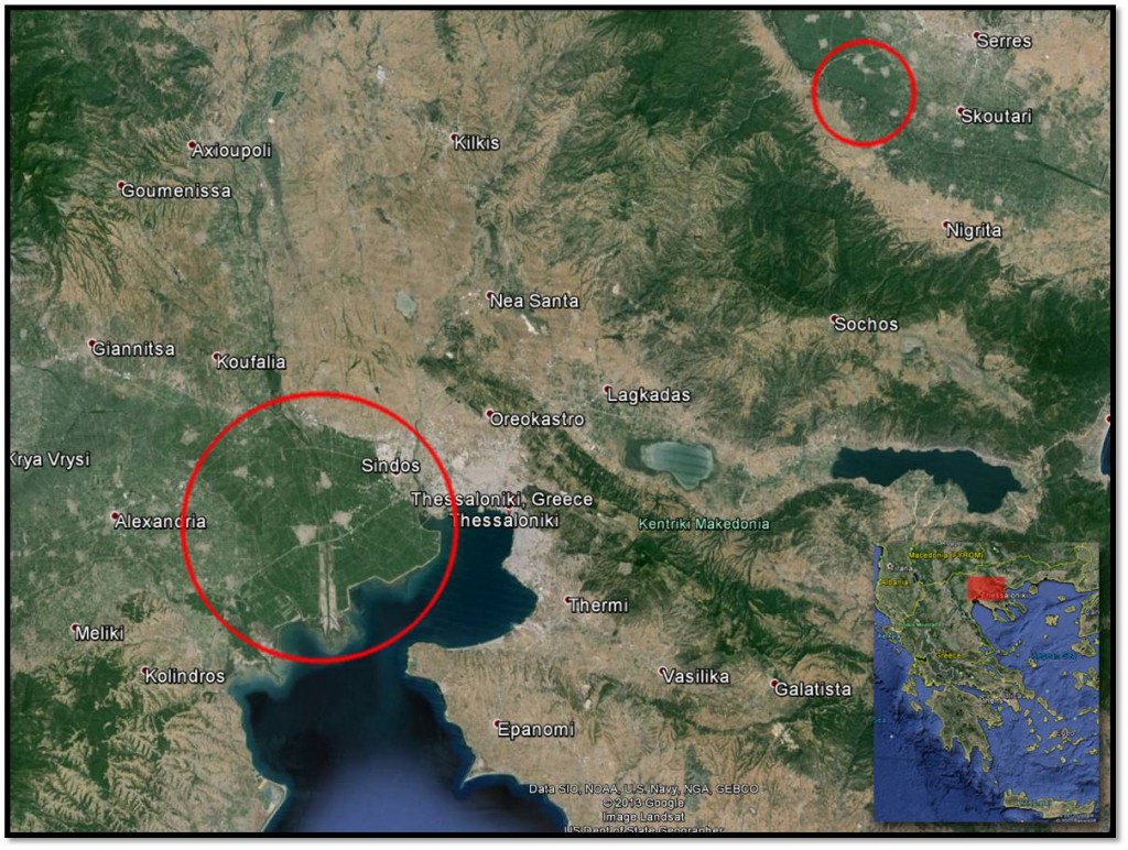 Main rice cultivation areas of Greece Thessaloniki (big red cycle) and Serres (small red cycle).